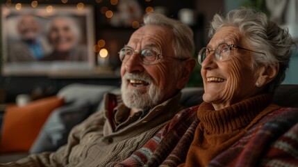 Fototapeta premium Elderly LGBTQ couple laughing together while watching a comedy show at home