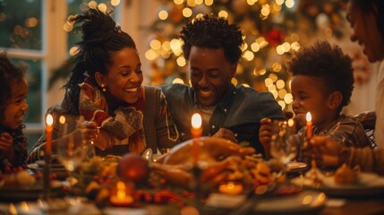 Family celebrating a holiday dinner, a subtle rainbow napkin holder on the tabl