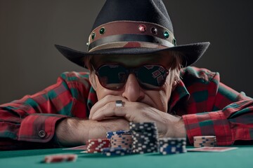Countryman at a casino table holding poker chips