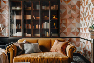 Timeless art deco bedroom with a front perspective of a peach and taupe geometric wallpaper, a...