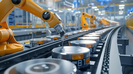 Fototapeta premium futuristic electric car battery production line with robotic arms on conveyor belt 3d illustration