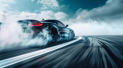 powerful sports car drifting with smoke on racing track abstract automotive photography