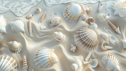 A beautiful collection of seashells on soft sand, capturing the essence of a serene beach atmosphere.