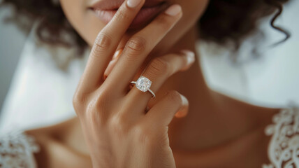 Close-up of a woman's hand adorned with an elegant engagement diamond ring