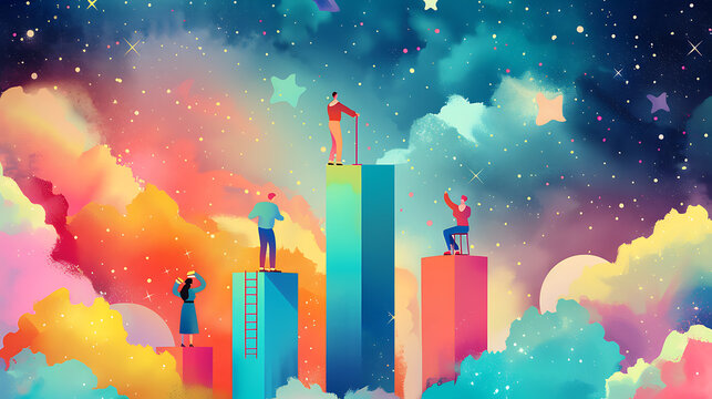 Teamwork and collaboration concept illustration people climbing bars reaching for stars success growth achieving goals working together colorful digital art motivational graphic leadership support.

