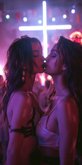 Two women kissing each other in a club. Scene is playful and fun. The women are dressed in black and white, and the lighting is bright and colorful