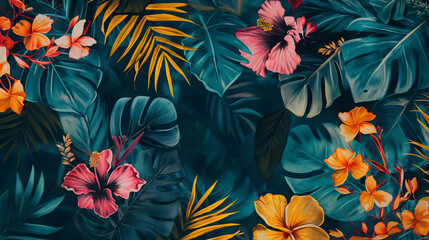 Vibrant and detailed illustration of tropical yelllow and pink flowers like plumeria, hibiscus, or orchids in various colors, set against dark blue leaves. 