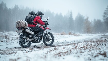 Two motorcyclists ride in snowy weather