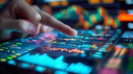 Fototapeta premium Hand with a tablet displaying financial data and graphs, finger pointing, active stock exchange background