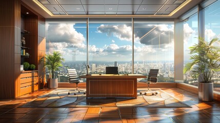 High-detail illustration of a business office with a large, polished wooden desk, ergonomic chairs, and a panoramic view