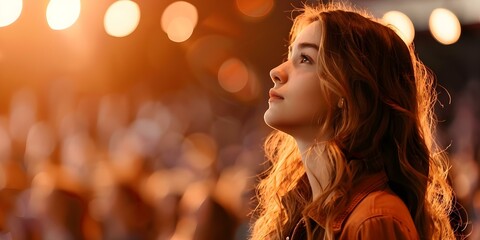 A young woman captivates the audience with a music concert in a packed stadium. Concept Concert...