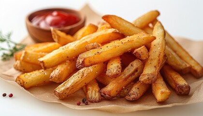 Crispy golden French fries served with a side of tangy ketchup, seasoned to perfection and ready to enjoy. A delicious snack or side dish!