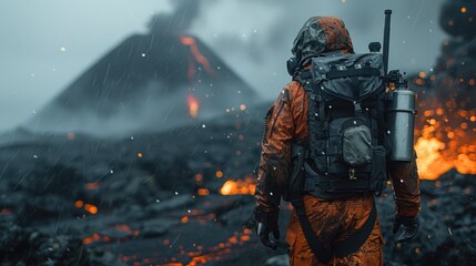 Fototapeta premium Exploration in volcanic landscape with scientist in protective gear, surrounded by lava flow and smoke from erupting volcano.
