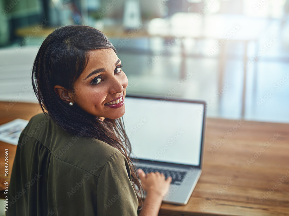 Poster business woman, laptop and portrait at desk with blank screen and app designer with tech. office, pr