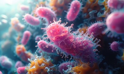 Naklejka premium Macro shot of colorful microscopic organisms or bacteria, with pink and orange hues, showcasing biological diversity and texture.