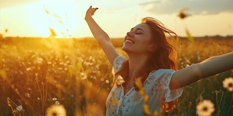 Woman with arms raised in joy, amidst flowers at sunset