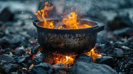 Old iron pot over open campfire, creating a rustic scene with flames and smoke. Ideal for outdoor cooking, camping, and survival themes.