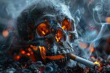 Realistic fiery skull holding a cigarette with glowing eyes, set amidst smoke and embers, symbolizing danger and mortality.