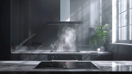High-detail illustration of a modern kitchen with an induction cooktop and a sleek, integrated range hood