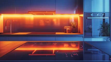High-detail illustration of a modern kitchen with an induction cooktop and a sleek, integrated range hood