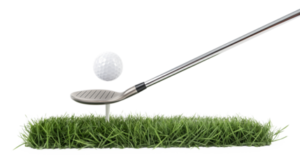 Golf ball on tee and golf club with fairway isolated on a transparent background