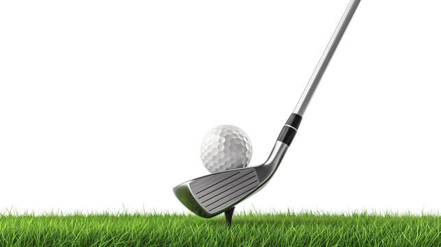 Golf ball on tee and golf club with fairway isolated on a transparent background