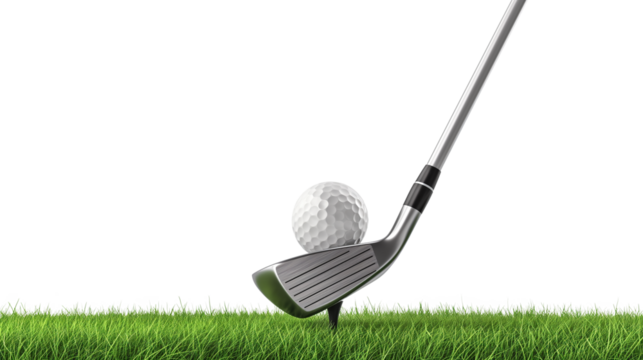 Golf ball on tee and golf club with fairway isolated on a transparent background