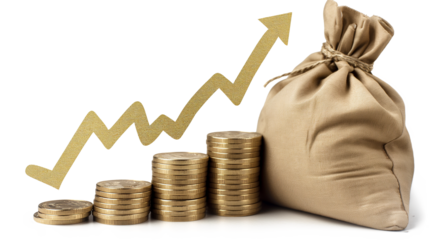 Gold Coin Money Bag Currency Arrow Up isolated on a transparent background