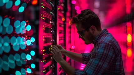 Fototapeta premium High-detail photo of a technician upgrading firmware on cloud servers in a data center
