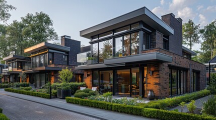 Fototapeta premium Modern Luxury Home at Dusk - Elegant modern house with large glass windows and sophisticated outdoor lighting.