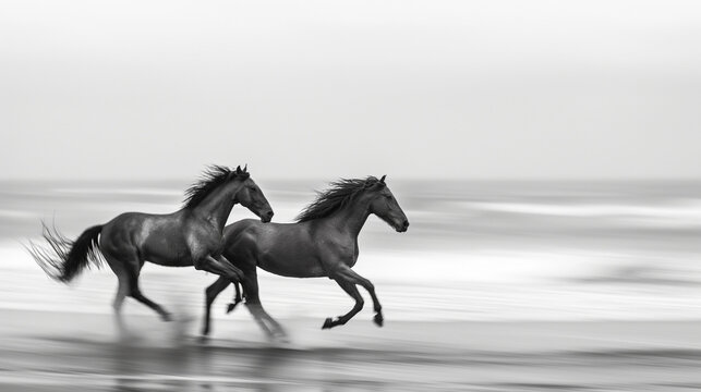 Black horses running on the beach in motion blur with long exposure banner, black and white photography with copy space.