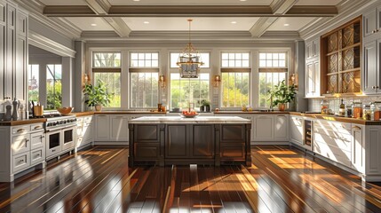 High-quality illustration of a kitchen with a contemporary design, featuring dark wood floors and a central island
