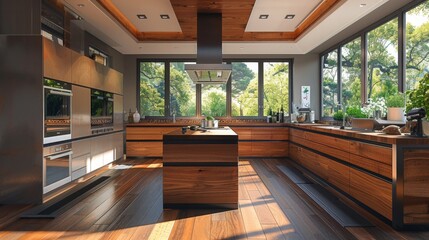 Naklejka premium High-quality illustration of a kitchen with a contemporary design, featuring dark wood floors and a central island