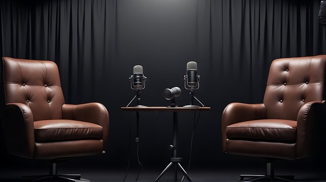  Two chairs and microphones in podcast or interview room isolated on dark background designs as a wide banner for media conversations or podcast streamers concepts with copy space design. 