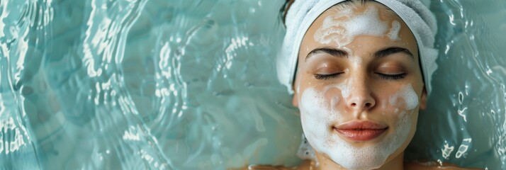 Woman in a tranquil setting, lying in water with a creamy facial mask and closed eyes