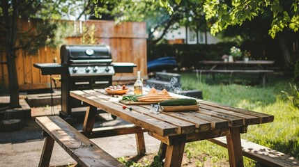 outdoor bbq grill with empty wooden table in backyard lifestyle scene