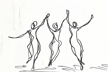Abstract line art of people dancing minimalistic sketch artistic movement joyful expression simple black and white drawing creative illustration celebration dance minimal design modern artwork.

