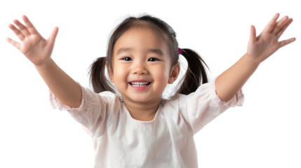 Happy smiling asian little girl spread out your arms isolated on a transparent background