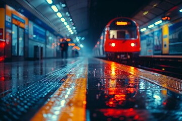Red train moving fast on rainy night track