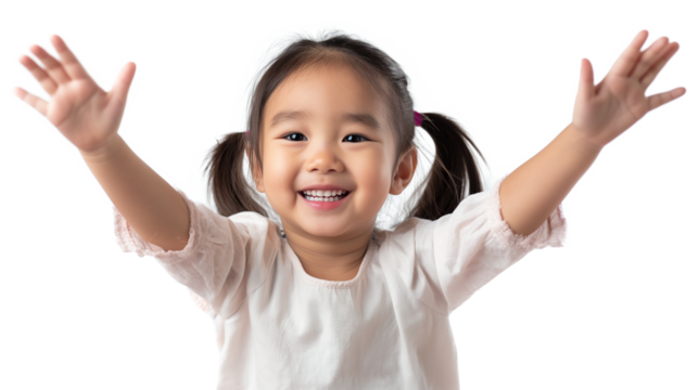 Happy smiling asian little girl spread out your arms isolated on a transparent background