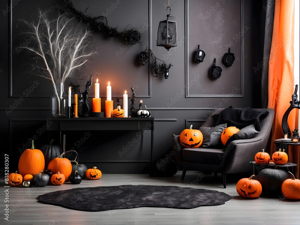 Wall mural Modern room decorated for Halloween, space for text. The idea for festive interior design.