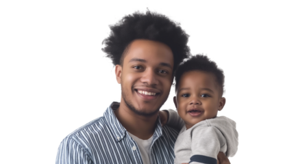 Happy African American man holding kid while looking at the camera isolated on a transparent background