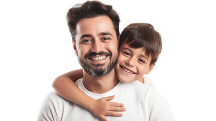 happy father hugging adorable smiling little son isolated on a transparent background