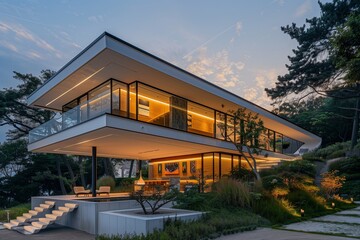 Obraz premium Classic Cottage with Floating Stairs and Burnished Gold Art Gallery, Nestled Against the Evening Sea Glow