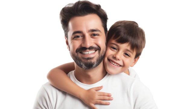 happy father hugging adorable smiling little son isolated on a transparent background - Powered by Adobe