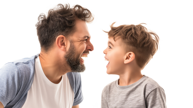 happy father hugging adorable smiling little son isolated on a transparent background