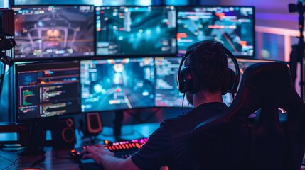 Gamer Streaming Live Session with Multiple Monitors Displaying Game Stats and Chat Interactions - Ideal for Esports, Gaming Events, and Online Communities