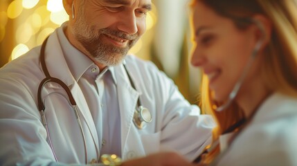 Doctor Performing Pulse Check in a Modern Medical Setting, Highlighted by a Rich Gold Background, Ideal for Stock Healthcare Images
