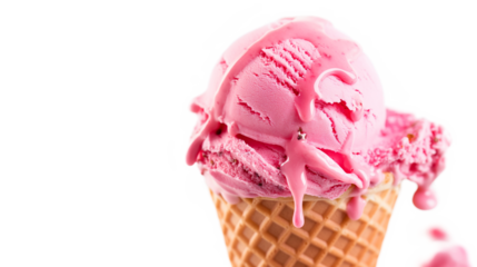 Ice Cream Strawberry - Strawberry ice cream cone with syrup drips isolated on a transparent background