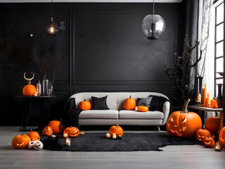Modern room decorated for Halloween design. The idea for festive interior design.